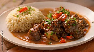 Tender oxtail stew slowcooked in a rich and savory Caribbean sauce served with hot buttered rice.