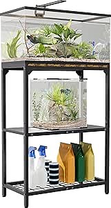20 Gallon Aquarium Stand, Fish Tank Stand with Adjustable 3-Tier Storage Shelf, Heavy Duty Reptile Breeder Turtle Tank Terrarium Rack Table for Home Office, 24" L x 12" W x 32.2" H, Black
