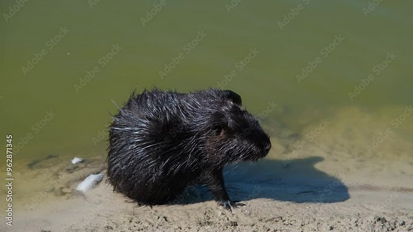 Black muskrat on a sandy beach. Muskrat in the wild. Black muskrat on the beach.