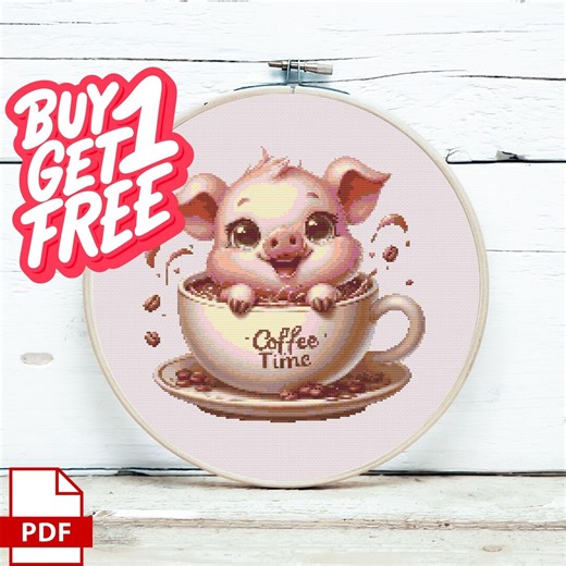 Pig Coffee Cross Stitch Pattern – Whimsical Piglet Teacup Embroidery Chart (PDF) - Etsy