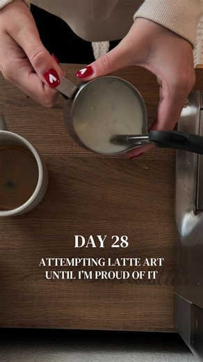 DAY 28: Attempting latte art until I’m proud of it ☕️ I’m actually so excited and proud of myself on these last few lattes! Yay! #latteart #whitscafe #coffeeathome #latteartseries #brevillebaristaexpress @Breville Breville Barista Express Espresso Machine @Amazon Buffet cabinet @Costco Wholesale espresso beans Latte art series, espresso machine, coffee vlog, learning latte art, journey, day 28, coffee aesthetic, morning routine, new years goals, tulip, rosetta