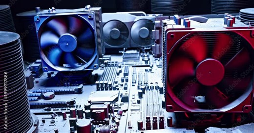 Working graphics card on motherboards with heatsink and fans.