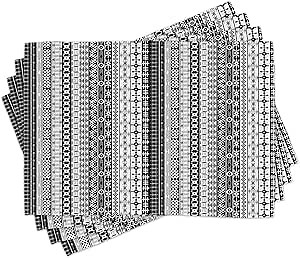 Ambesonne Prehistoric Place Mats Set of 4, Black and White Tribal Motifs Pattern Native Geometric Borders Design, Washable Fabric Placemats for Dining Table, Black White