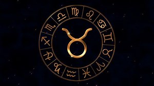 Golden zodiac horoscope wheel with 13 signs including Ophiuchus loop spinnig with appearing Taurus (Bull) sign in center on night sky background with sparkling stars. 4k video. Alpha channel