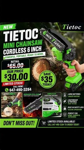 NEW TIETOC Mini Chainsaw Cordless 6 Inch with Large BatteryOur Price $30.00Limited Stock