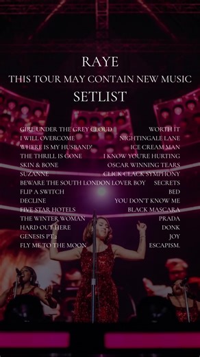 On Tour Now: RAYE — THIS TOUR MAY CONTAIN NEW MUSIC. RAYE is currently touring through Europe, and will be bringing the tour to the US and Canada this Spring! Explore the full setlist, view all tour dates, and plan your entire concert night in the Concerto app. #Concerto @Raye #thistourmaycontainnewmusic