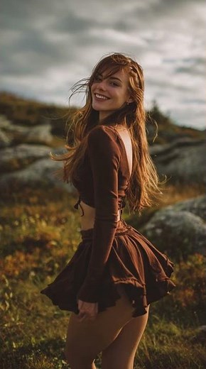 Eastern European Beauty Walking on a Windy Hillside