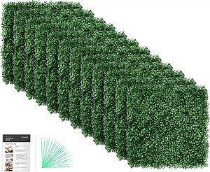 flybold Artificial Boxwood Panels Topiary Hedge Plant UV Protected Privacy Screen Outdoor Indoor Use Garden Fence Backyard Home Decor Greenery Walls Pack of 12 Pieces 20" x 20" inch Dark Green