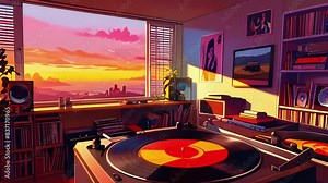 A room vinyl records and a turntable. sunset, stream starting soon screen, overlay loop, animated virtual backgrounds, vtuber asset twitch zoom OBS, manga anime chill hip hop 4k music Animation video