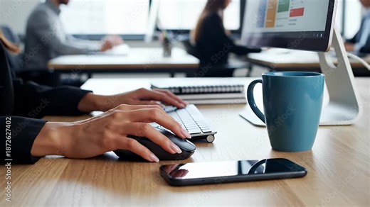 Close-up of a persons hands using a computer mouse and keyboard at a desk in an office environment.