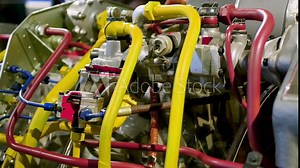 inside jet engine. Fuel tubes are painted in different colors. Jet engine inner mechanics, metal retro engineer concept, vehicle repair or technology texture Stock Video