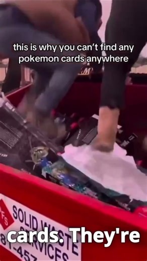 Pokemon Scalpers throw away jumbo pokemon cards into a waste bin because they can't sell them
