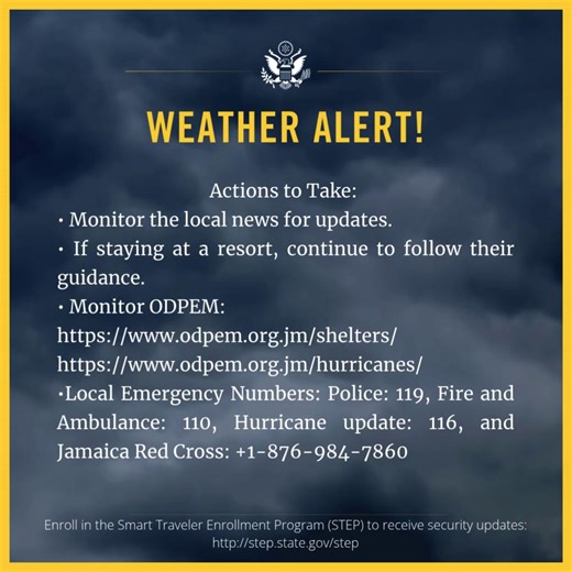Weather Alert - U.S. Embassy Kingston, Jamaica October 30, 2025 Location: Jamaica Event: Hurricane Melissa made landfall in Jamaica on October 28 as one of the strongest tropical cyclones this season. Authorities continue to survey the extensive damage across the island. U.S. citizens are advised to remain cautious. Kingston’s Norman Manley International Airport and Ian Fleming International Airport in Ocho Rios opened for commercial operations today. The Montego Bay Airport reopening plan is in