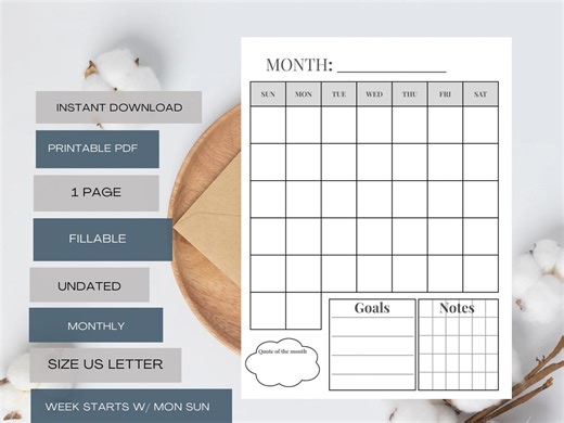 Undated Monthly Digital Planner | Fillable & Printable PDF | Monday and Sunday Start - Etsy