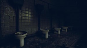 Abandoned restroom with dirty stalls in low lighting