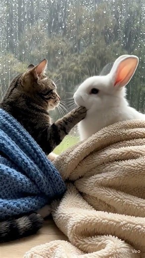 Cat and rabbit's friendship 😘☺️😍🥰#viral #youtubeshorts#cute#trending #relaxing#music#song#cat#rabbit
