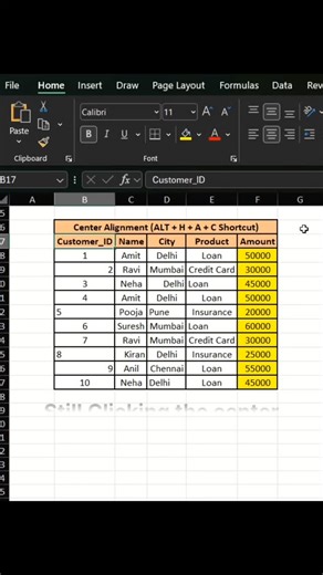 Excelwith Raj on Instagram: "Still clicking the Center button in Excel? ❌ Use this 1-second shortcut instead ⚡ 👉 ALT + H + A + C Perfect center alignment in Excel—fast & clean 💯 Great for: ✔ Office work ✔ MIS reports ✔ Excel beginners ❤️ Like | 💬 Comment CENTER | ➕ Follow @excelwith_raj Daily Excel shortcuts & tricks 🚀 #ExcelShorts #exceltricks #exceltutorial #excelhacks #office"