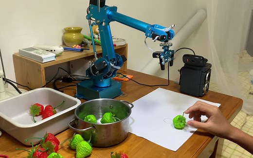 使用OpenCV Python 树莓派 机械臂实现一个草莓分拣机器人，代码https://github.com/ShiqiYu/StrawberryRobot