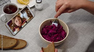 First perspective view. Woman has breakfast in a cafe. Point of view.