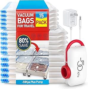 VMstr Vacuum Storage Bags With High Pressure Electric Pump, 15 Pack Travel Compression Sealing Bags for Clothes and Clothing Luggage Suitcase Packing, Carry-on Travel Size