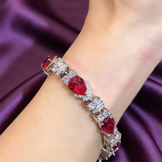 Handmade Silver Alloy Ruby CZ Tennis Bracelet, Passion Gift for Her