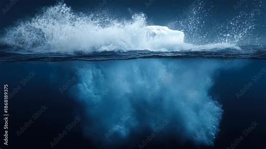 Dramatic underwater view of massive icebergs powerful splash in cold, deep blue ocean water reveals glaciers vast hidden depth, mysterious and awe inspiring scene