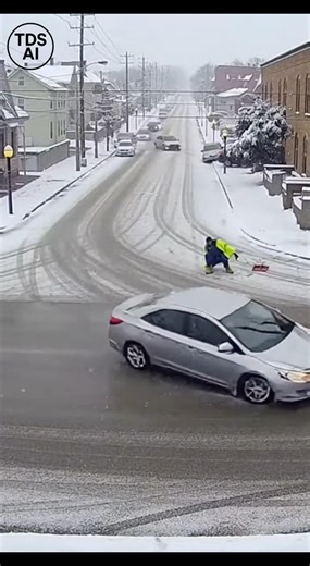 Traffic Camera Captures City Worker Slipping on Icy Road During Winter Conditions Traffic camera footage shows a tense moment unfolding as a city worker slips and falls on an ice-covered roadway while performing duties during winter conditions. The video captures the worker carefully moving across the slick surface before suddenly losing footing and going down in the middle of the street. Nearby vehicles slow as the worker struggles briefly to regain balance on the icy pavement. Within moments, 