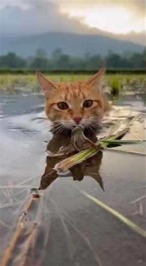 Hero Cat Braves Flooded Fields to Save Exhausted Frog