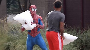 56K views · 2.2K reactions | SPIDER-MAN PILLOW FIGHTS STRANGERS!!  | The Daily Dropout | Facebook