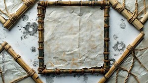 A rustic bamboo frame holds a blank piece of paper, surrounded by other frames and twine