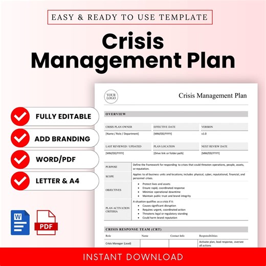 Crisis Management Plan Template – Word & PDF, A4   US Letter - Etsy Australia