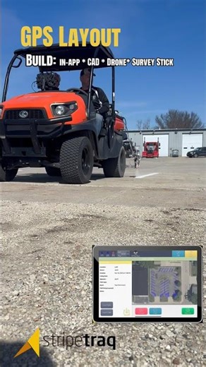 GPS layouts using in-app features, CAD, optical drone, or survey stick. Stripetraq GPS.