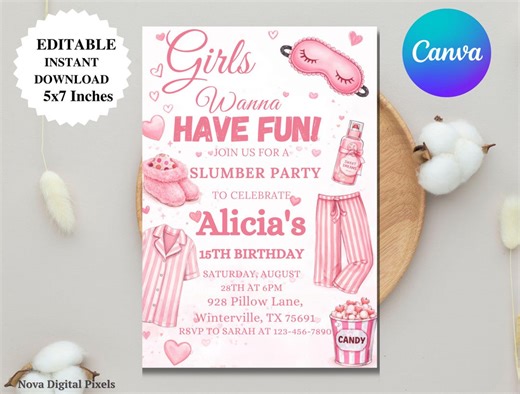 Pink Pajama Slumber Party Invitation, Slumber Party Invite, Sleepover Birthday Invite, Girls Just Wanna Have Fun Birthday, Editable Canva - Etsy