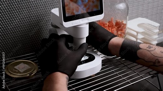 The camera moves downward and settles as gloved hands adjust focus and working distance while examining a cordyceps sample under a digital microscope, highlighting sterile fungal research process.
