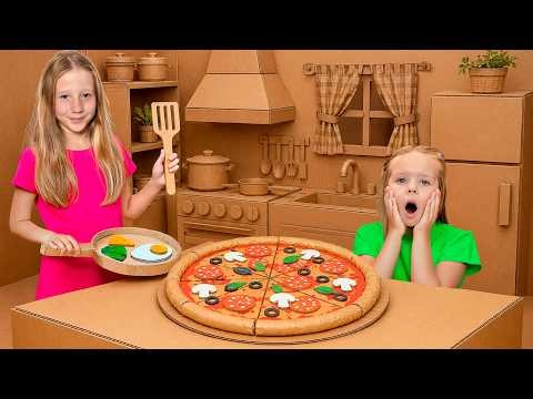 Nastya and friends play inside a cardboard house