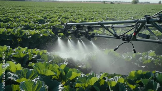 A close-up view of an agricultural sprayer spraying crops in a field, with a focus on the water mist Stock Video