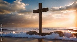 Wooden christian cross symbol of faith and love on horizon sky with flowing wave good friday 4k animation