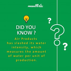 Since 2009, we have slashed our water intensity, which measures the amount of water used per unit of production, by a remarkable 31%! How did we achieve this? 💡 By adopting cutting-edge energy efficiencies to reduce cooling requirements, intensifying water recycling efforts, and refining our water management practices. Read our 2023 Sustainability Report to learn more: https://brnw.ch/21wDVCj | Air Products