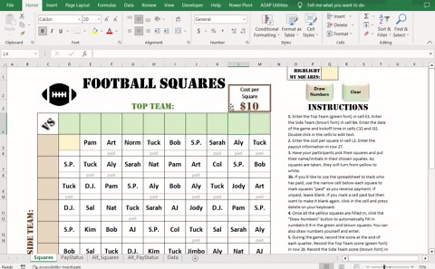 Football Squares Excel Template, Reusable, Editable, Auto-calculate Winners, Microsoft Excel, Office Pool, Betting Squares, Box Pool - Etsy