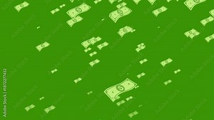 Falling money animation on green screen featuring banknotes dropping from above with smooth motion
