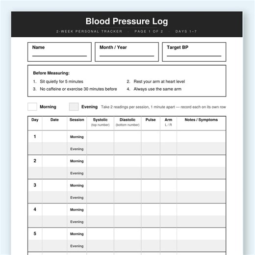 Blood Pressure Record Sheet Printable | BP Monitoring Tracker | Medical Log Printable | Health Chart - Etsy