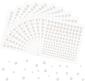 Pearl Stickers for Crafts, 1650 Pcs, 4 Sizes 3-6 mm, White | Self adhesive, flat back pearls, pearl sticker gems for face makeup, nails, hair, ear, crafts, wedding decor