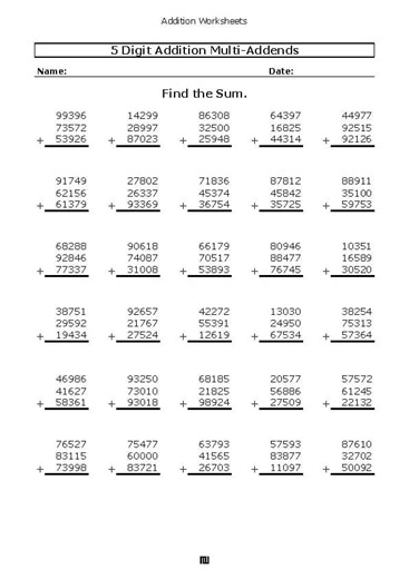 5-Digit Addition with Multiple Addends: Adding Three 5-Digit Numbers Worksheets