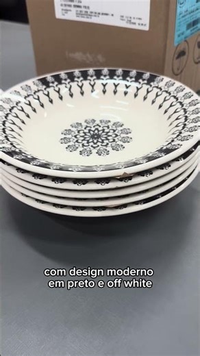 Kit 6 Prato Fundo Biona Donna Folk em Cerâmica 21,5 cm Off White e Preto #prato #mesaposta