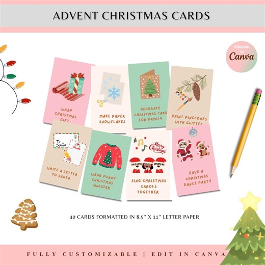 40 Advent Calendar Activity Cards Editable Christmas Countdown Kids Advent Cards Printable Christmas Cards Activity Cards Christmas Wishlist - Etsy