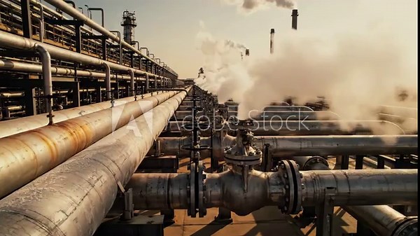 Video of oil refinery pipes with visible steam flow detail, heavy industry infrastructure and energy production concept for industrial business and manufacturing content.