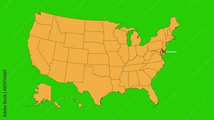 Delaware map animated video. Map Highlighted on the USA map with animation and colour with Green screen background in video format.
