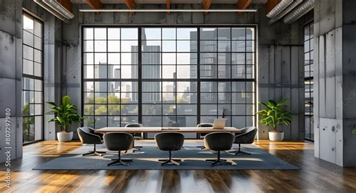 Virtual background featuring open office space with large windows for Zoom. Concept Virtual Backgrounds, Office Environment, Large Windows, Zoom Video, Professional Setting