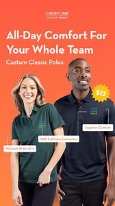 Outfit your team in polished, professional style—without breaking the budget. Our customizable polo offers durable, breathable fabric and a flattering fit complete with your full color embroidered logo—all for just $12 each. | Crestline Custom Promotional Products | Facebook