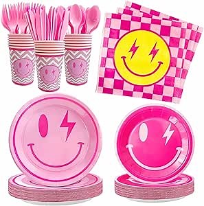 168PCS Preppy Birthday Decorations Preppy Party Decorations Smile Face Birthday Smile Face Party Supplies Paper Plates Cups Napkins Cutlery Set Serve 24 Guests Y2K Party
